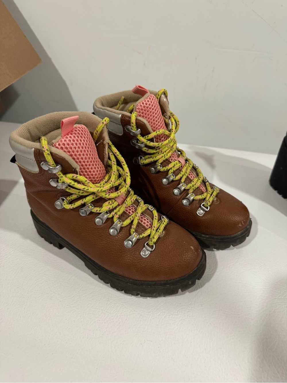 Joe Fresh Brown Kids Hiking Boots with Pink Tongue and Yellow Laces